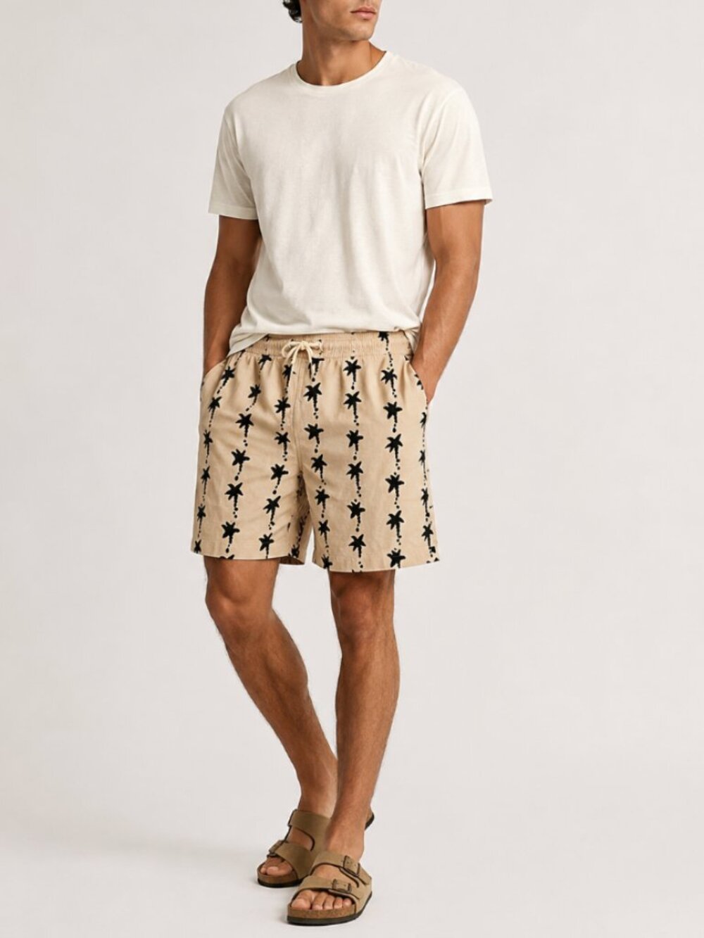 NWT Express Beige Black Palm Tree Linen Blend Drawstring Shorts Resort Size M